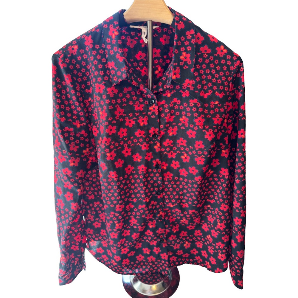 BCBGeneration Red Floral Button Down Blouse Black Long Sleeve Top